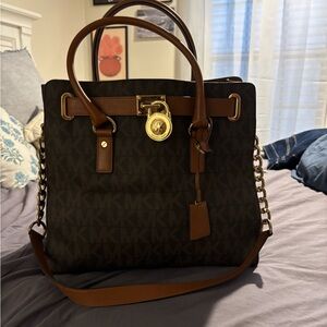 Michael Kors Large hamilton satchel brown monogram gold hardware